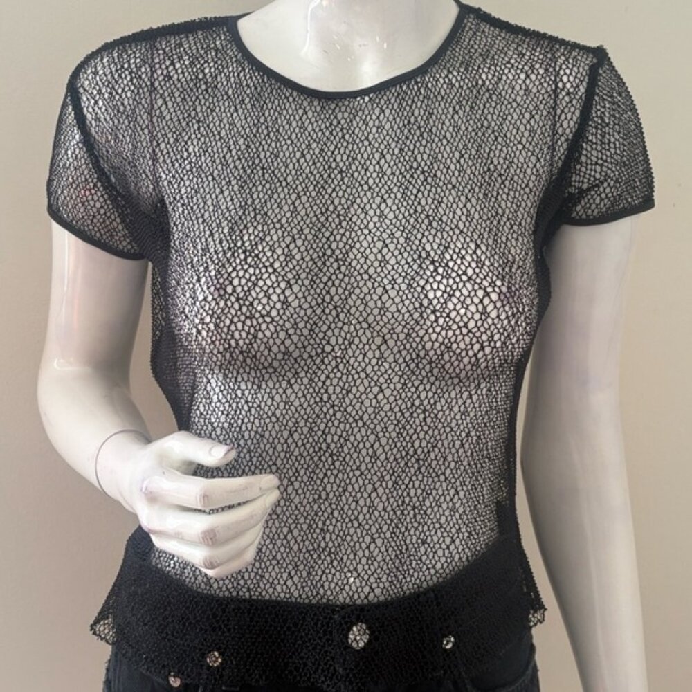 Vintage 90s Y2K Donna Karan Black Sheer Fishnet Mesh Short Sleeve Cropped Tee